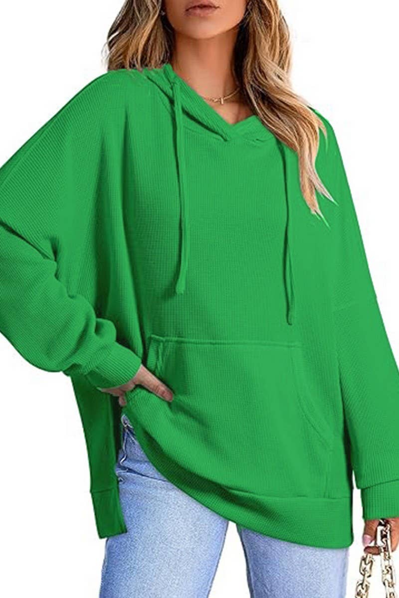CWOHOL00633_RELAXED WAFFLE KNIT SIDE SLIT HOODED PULLOVER