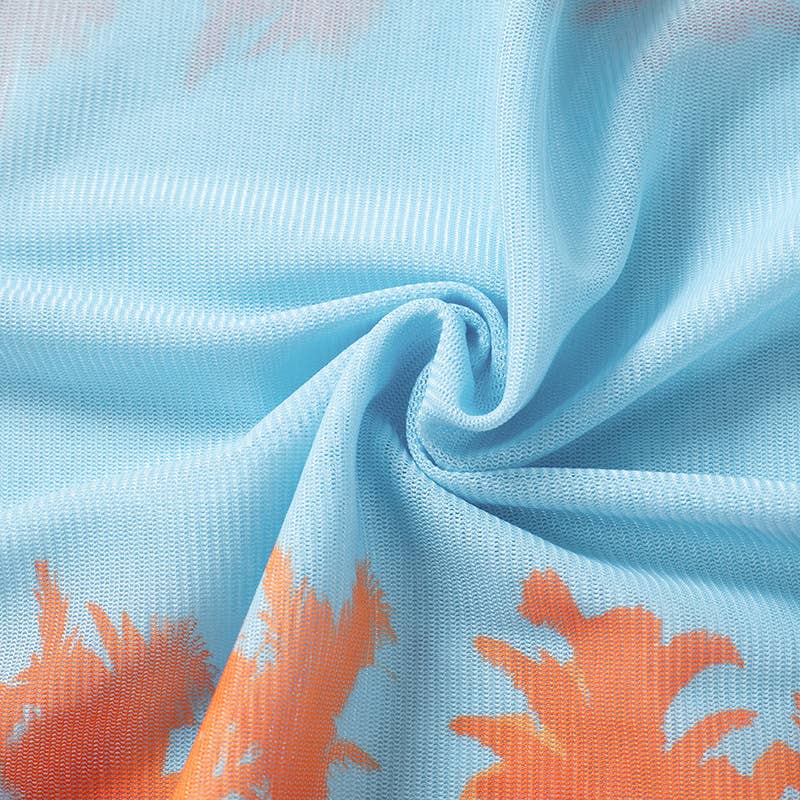 See-through mesh printed one-line collar dress