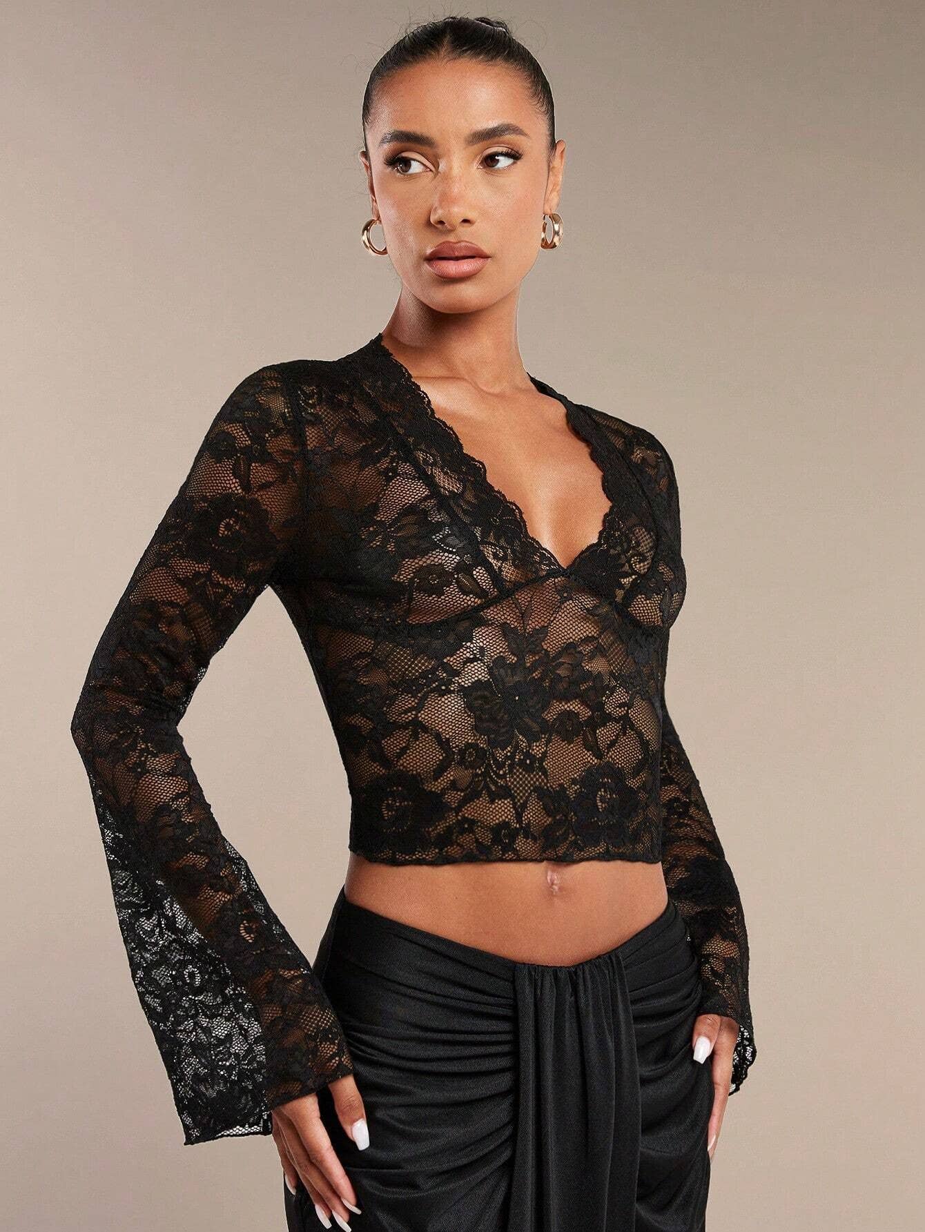 Transparent lace V-neck tight flared top