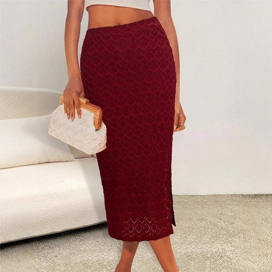 Temperament dark pattern mid-length slit skirt
