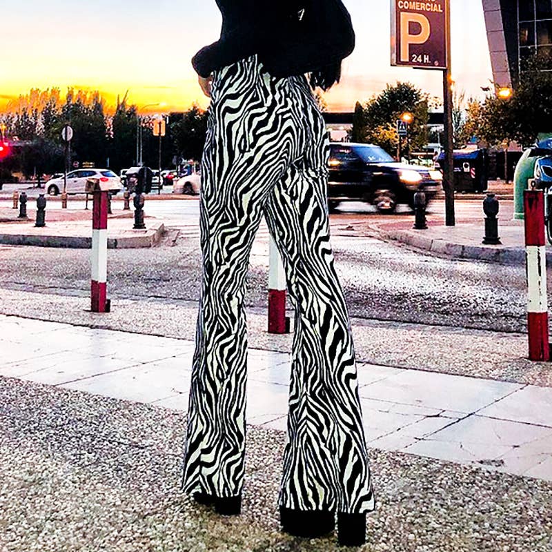 Elastic-waisted zebra-print stretch casual flares