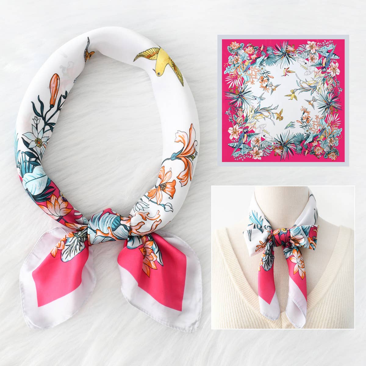 Luxury Style Floral Satin Square Scarf for Summer