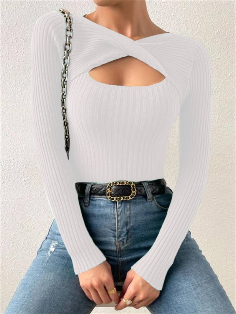 Sexy cut-out pullover solid-color knitted top