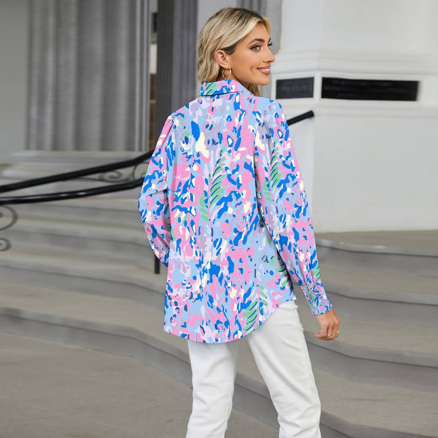 LAPEL FLORAL PRINT CASUAL LONG-SLEEVED SHIRT