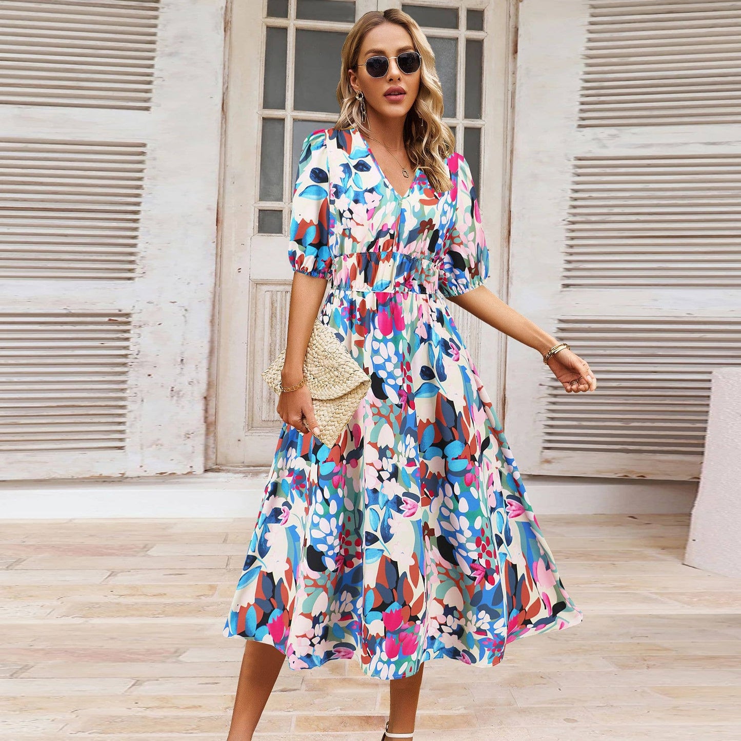 Boho V-Neck Floral Maxi Dress With Waist Tie_Cwdmd5284
