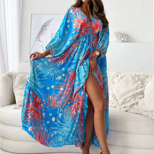 Sexy deep V abstract big floral print split dress