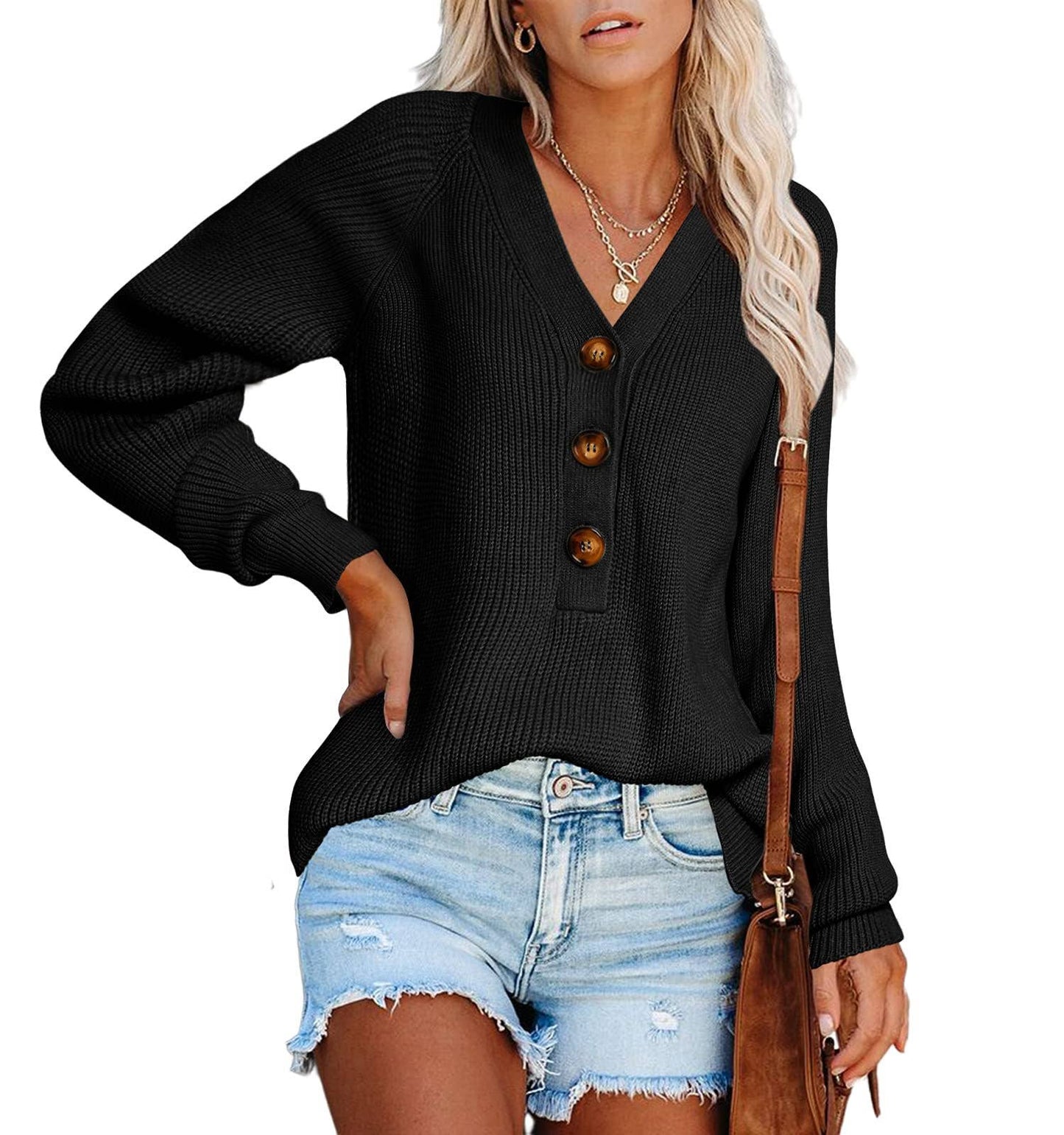 KNIT PULLOVER V-NECK SINGLE BREASTED SWEATER