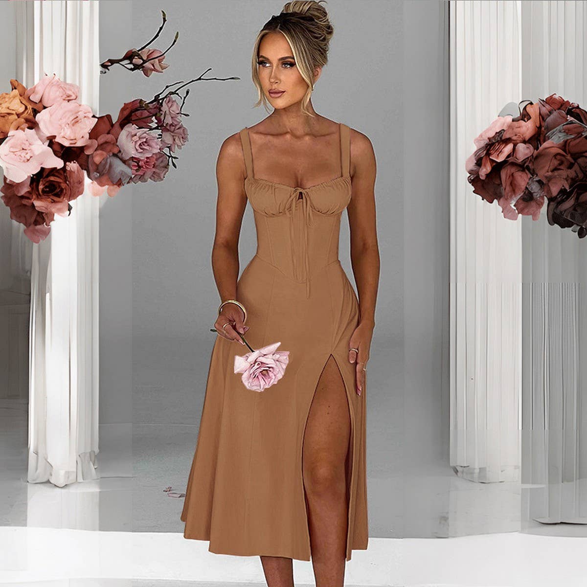 Fashion casual lace-up slim split halter dress