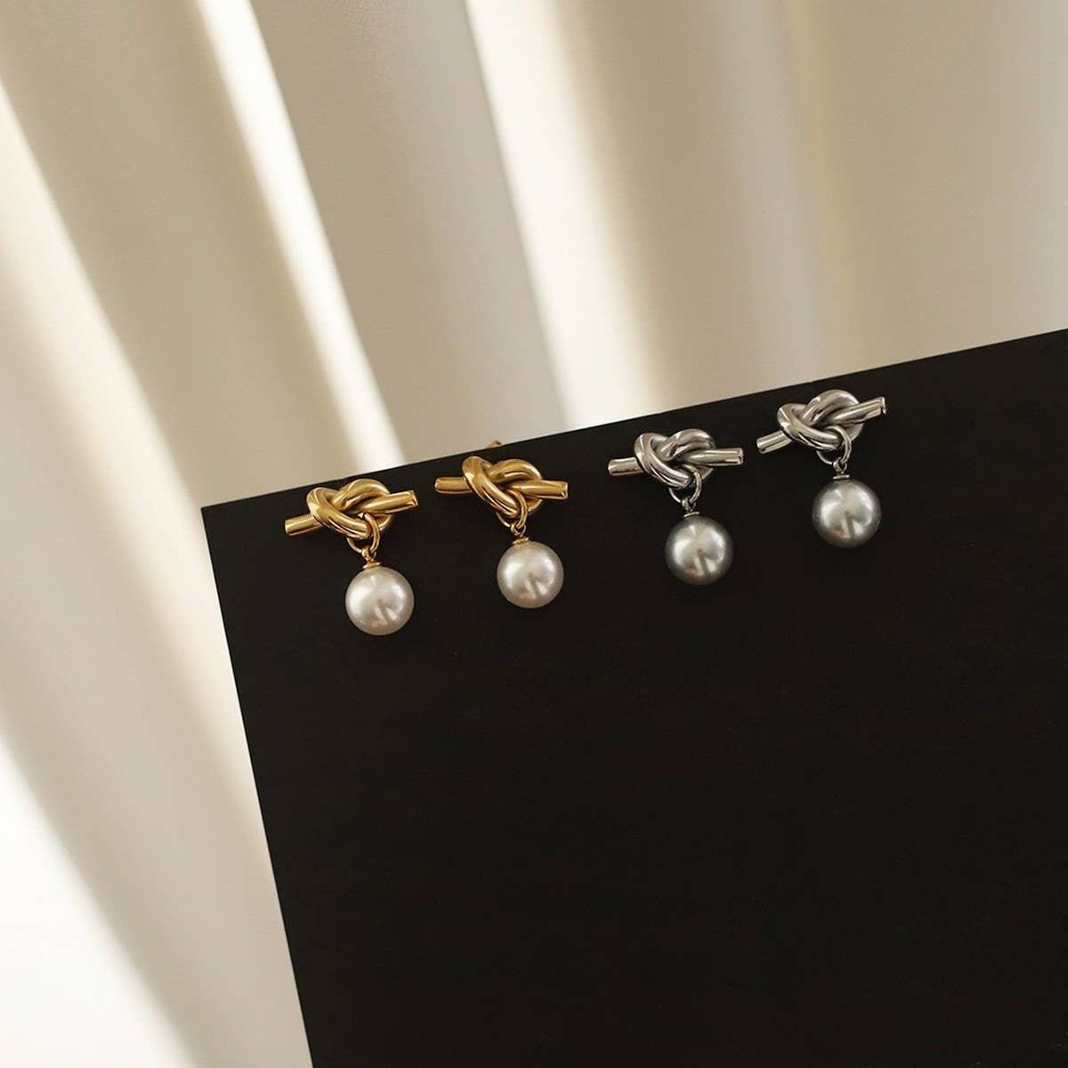 Rope Knot Grey Pearl Stud Earrings Gold White