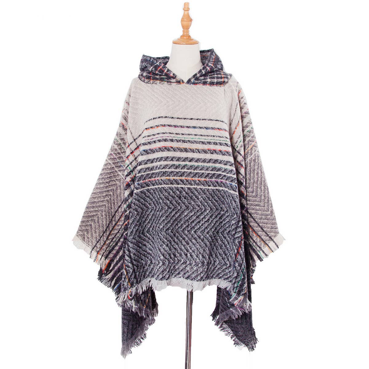 NEW HERRINGBONE GRADIENT HOODED CAPE SHAWL