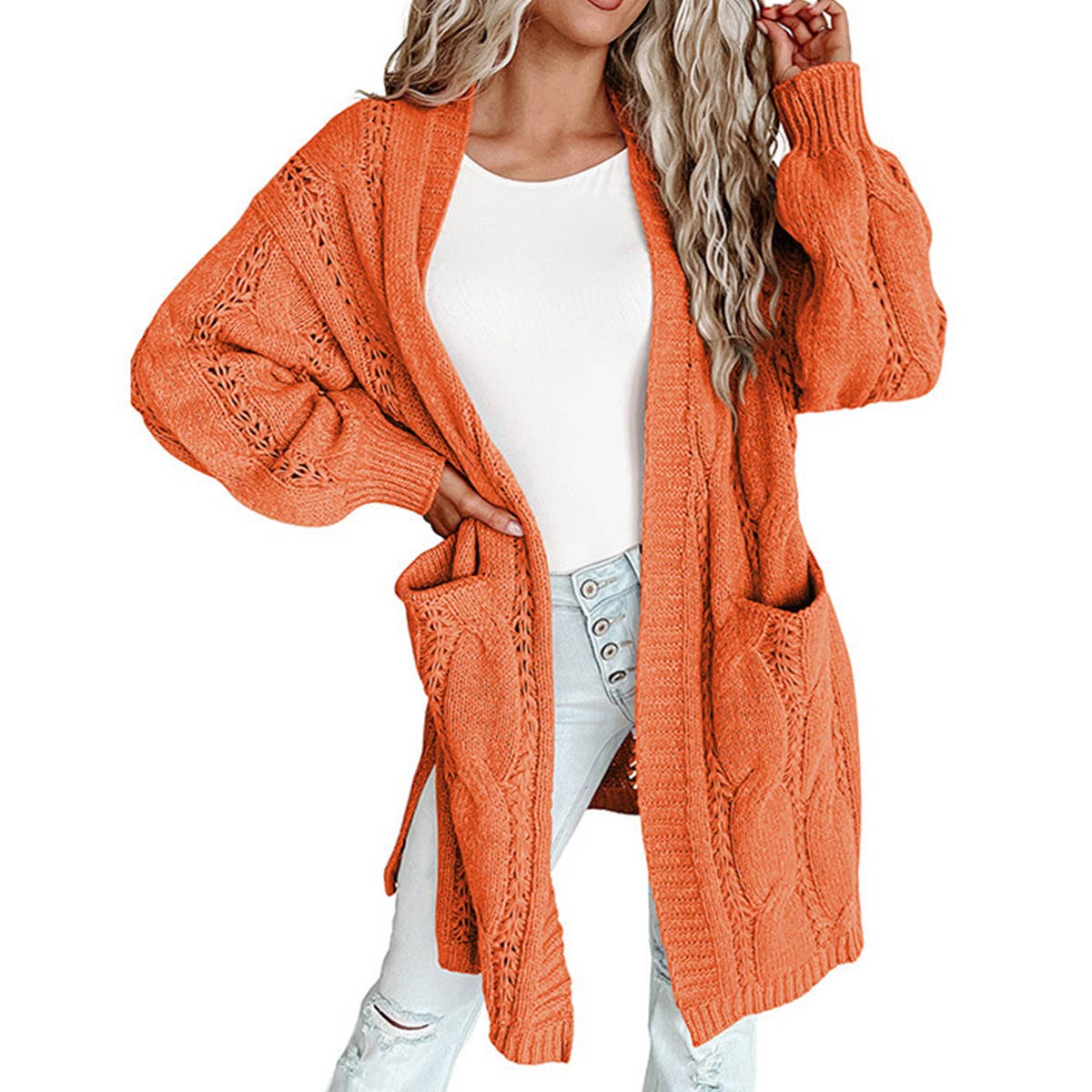 SOLID COLOR UNBUTTONED MID-LENGTH CARDIGAN