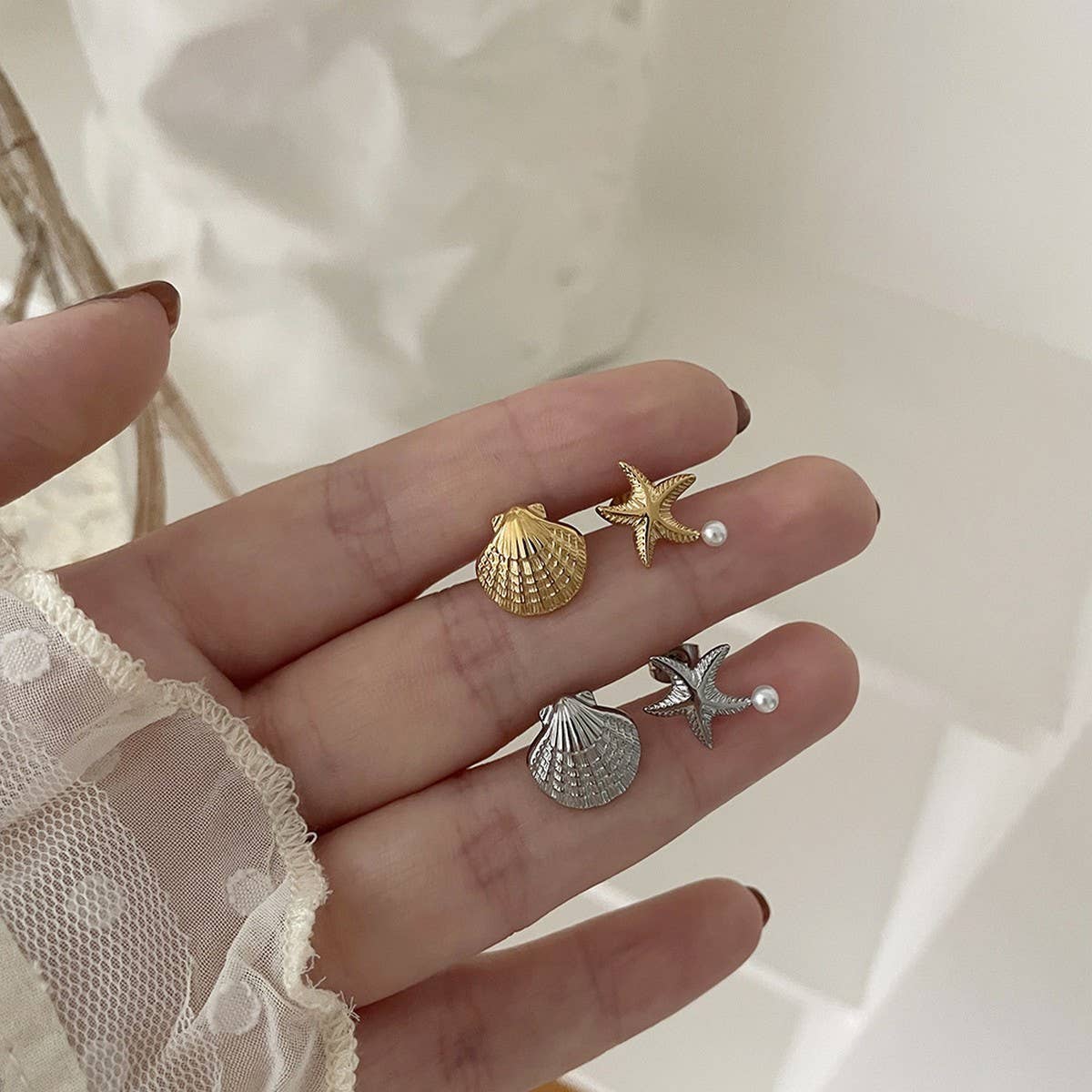 Gold Plated Ocean Star Pearl Asymmetric Earrings