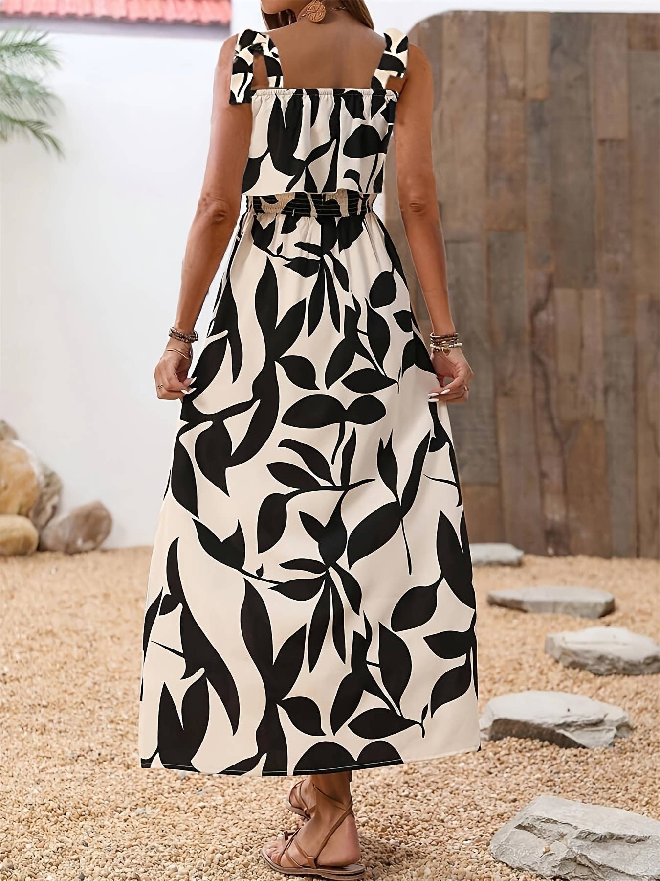 Printed slimming lace-up Bohemian dress