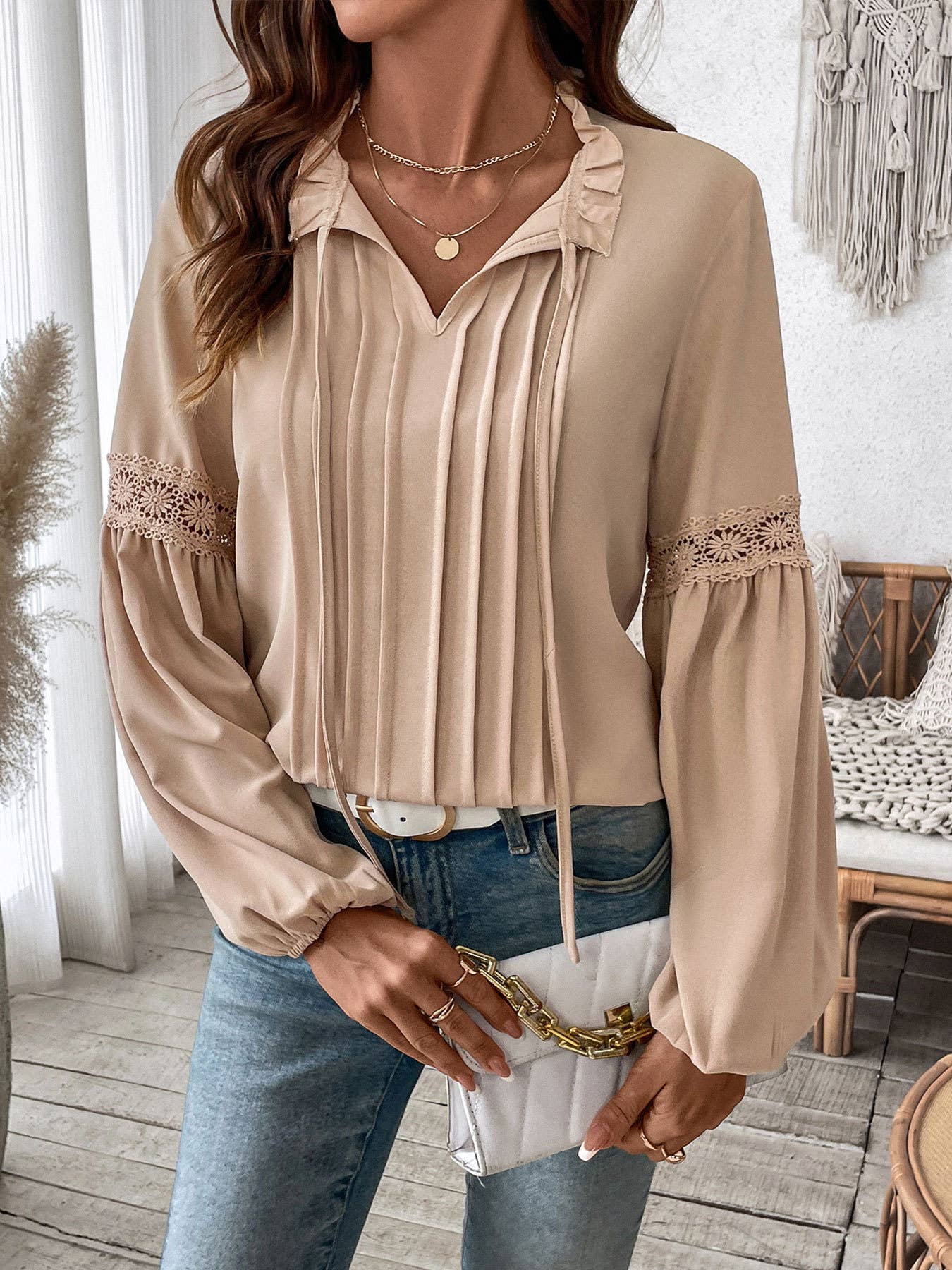 V-NECK SHIRT SOLID COLOR CASUAL LACE-UP SHIRT