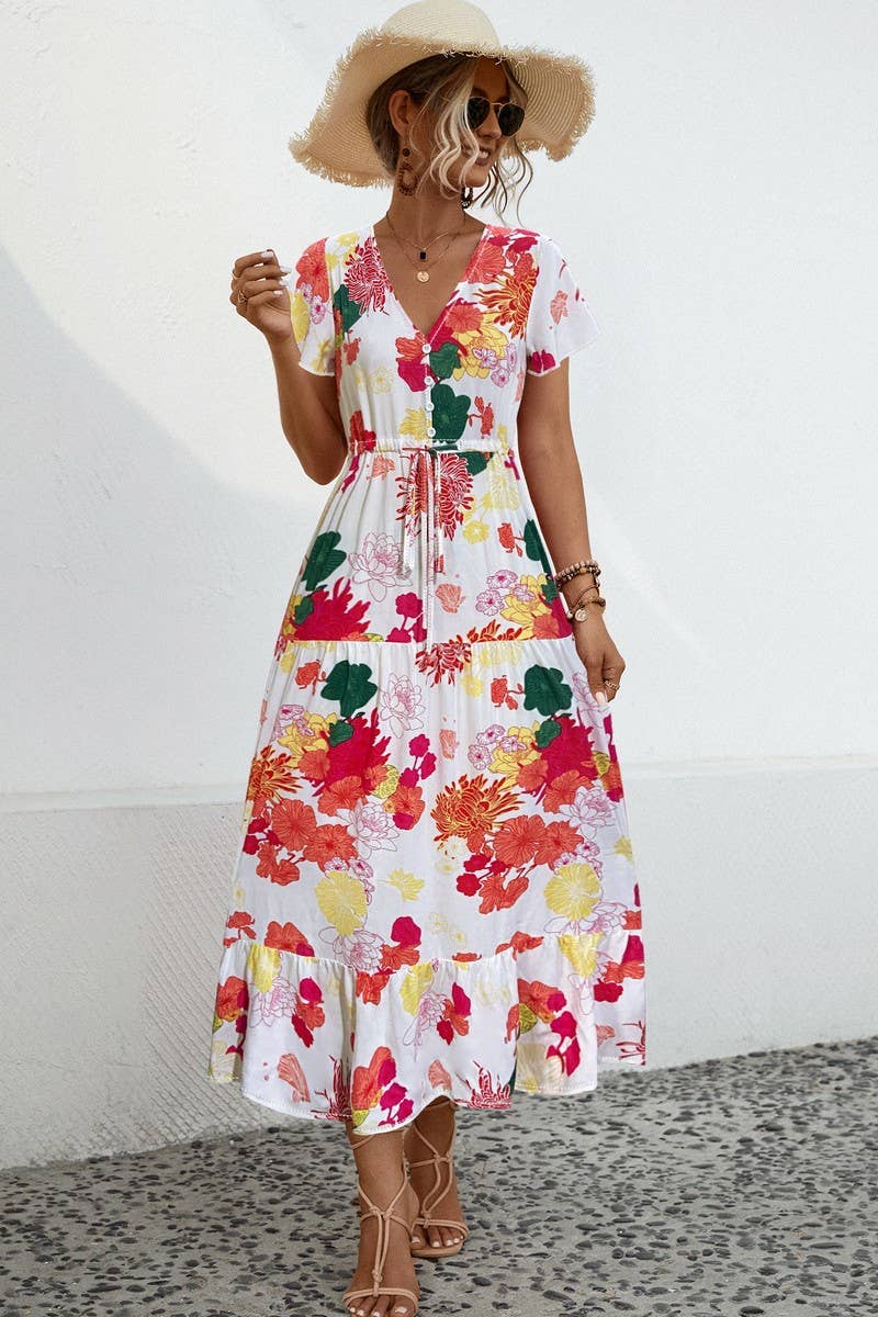 CWDMD2767_V-NECK FLORAL PRINT BUTTON-DOWN LONG DRESS