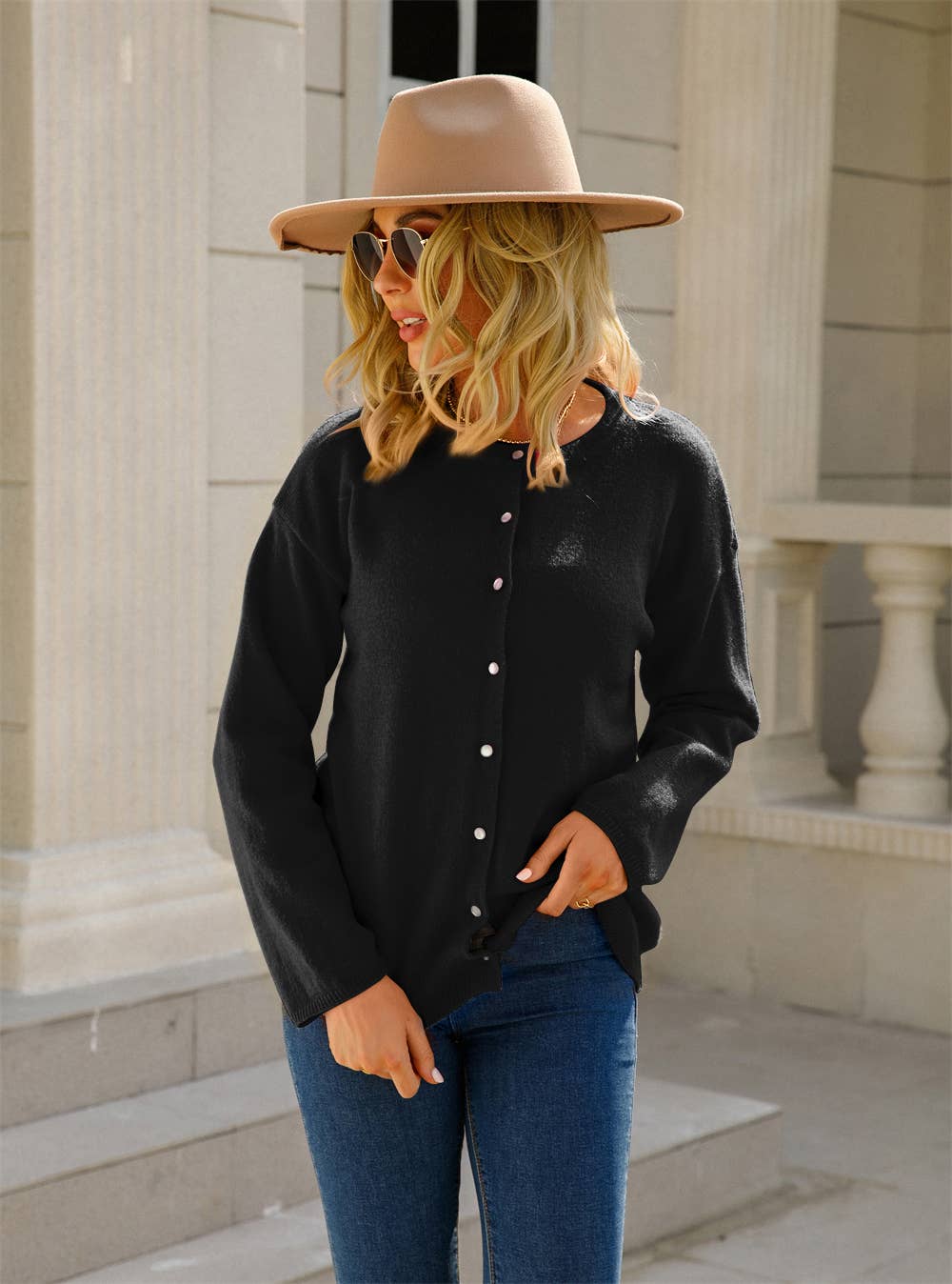 TEMPERAMENT BUTTON KNIT SOLID COLOR CARDIGAN