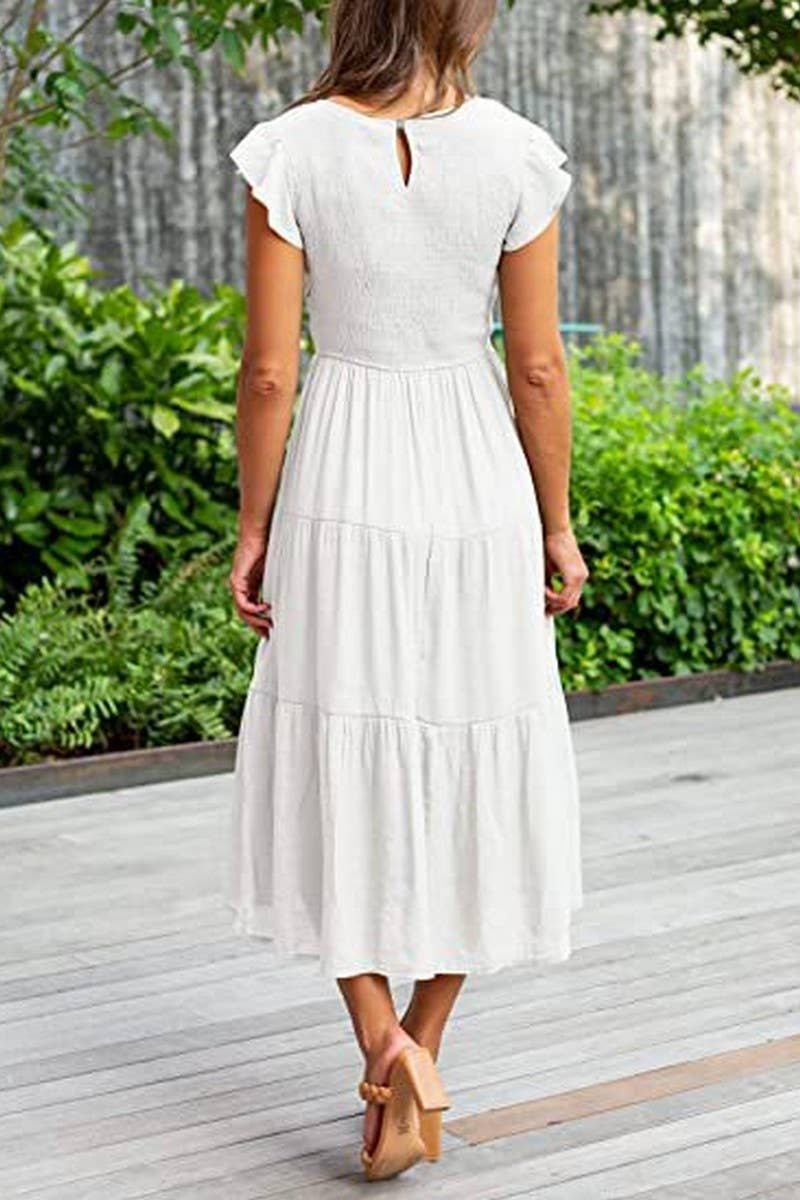 CWDMD2568_FLYING SLEEVE SHIRRED LAYERED SHORT SLEEVE DRESS