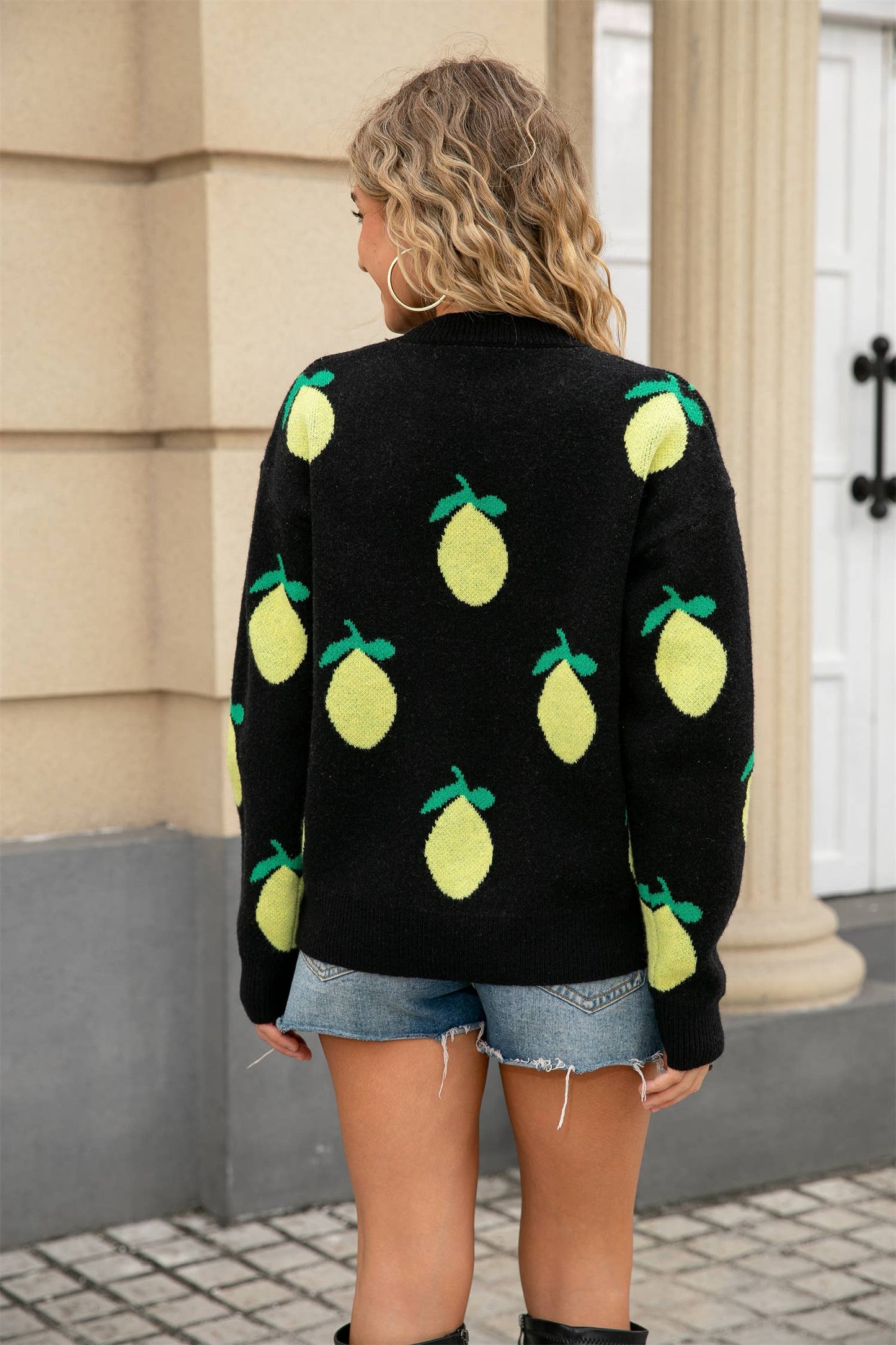 Lemon jacquard round-neck knitted sweater