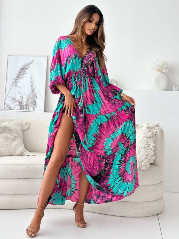 Sexy deep V abstract big floral print split dress