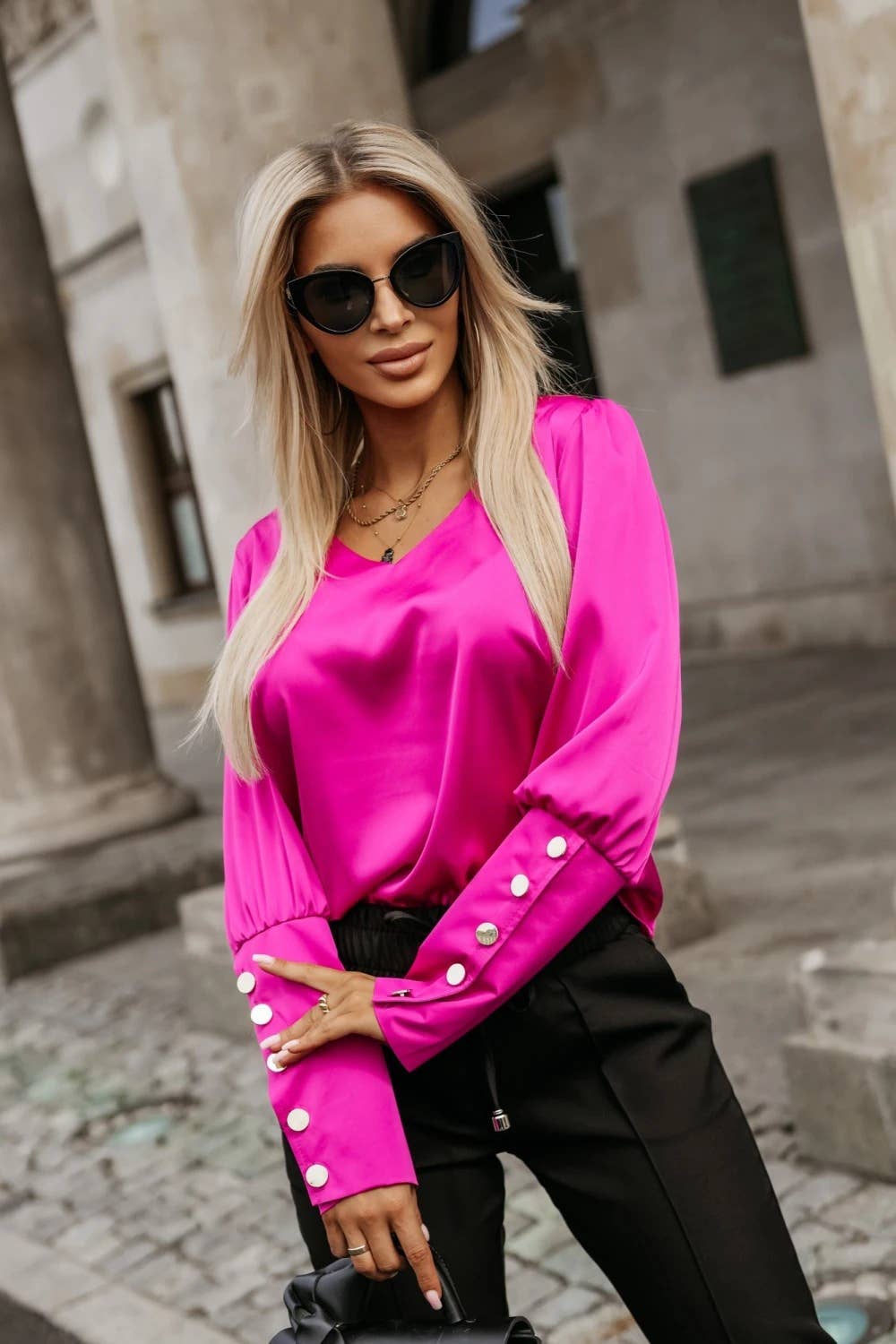 Fashion long-sleeved solid-color V-neck shirt