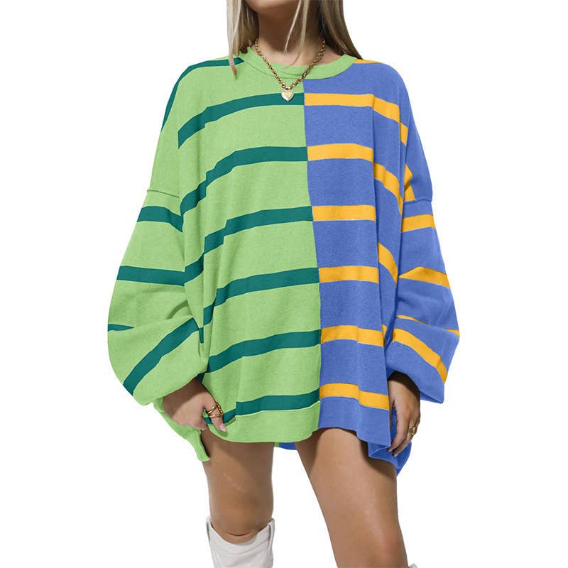 STRIPED KNIT LONG-SLEEVED COLOR-MATCHING HOODIE
