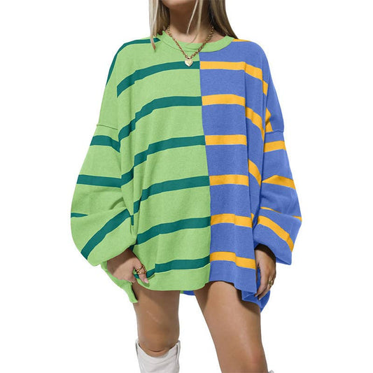 STRIPED KNIT LONG-SLEEVED COLOR-MATCHING HOODIE