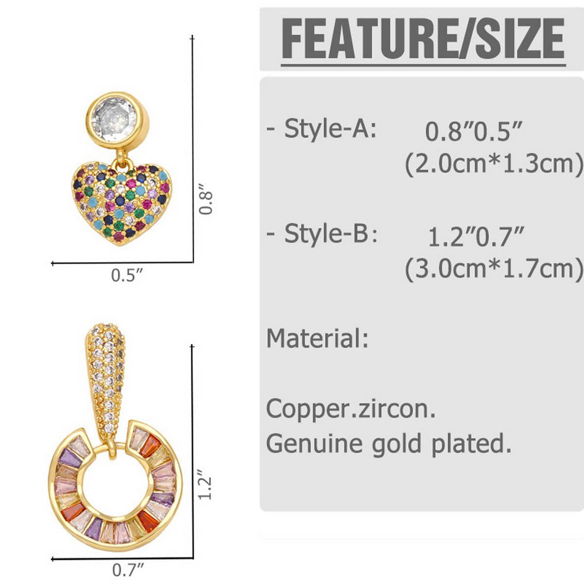 COLORED ZIRCON HEART RETRO ROUND EARRINGS