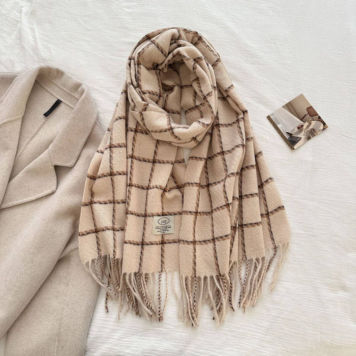 CWASC03132_PLAID CASHMERE FEEL SCARF WINTER WARM TASSEL SHAW