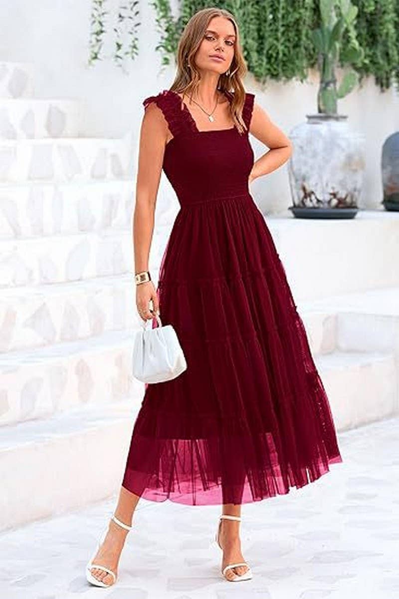 CWDHL1088_SLEEVELESS PLEATED MESH PANELED PUFFY VEST DRESS