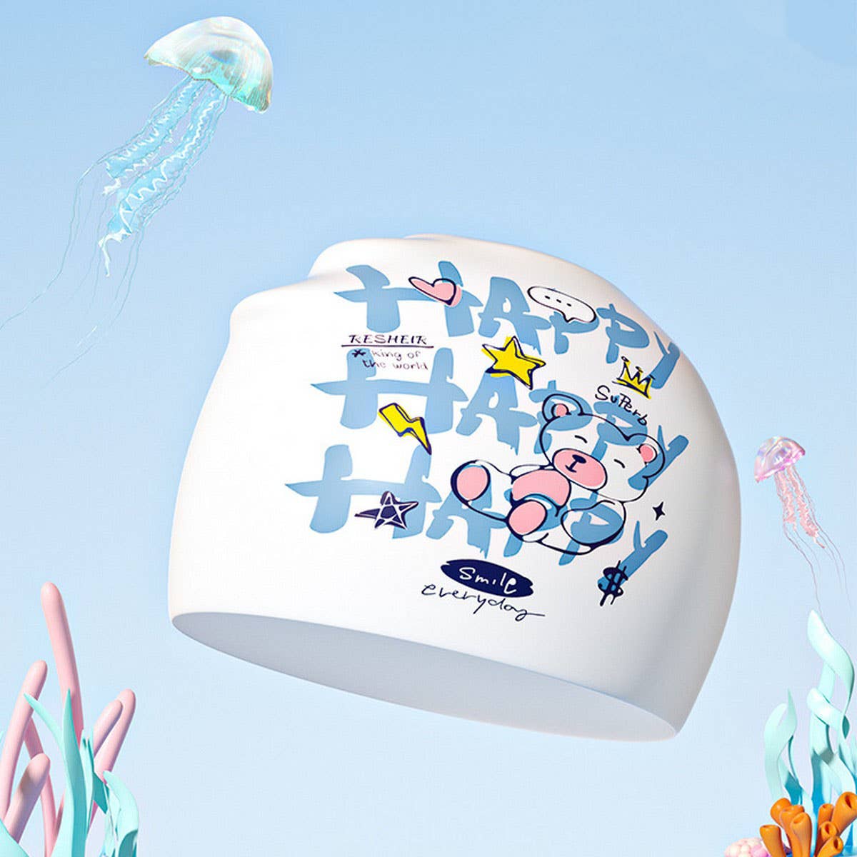 Kids' Silicone Swim Cap?Cute Print, Ear Protection