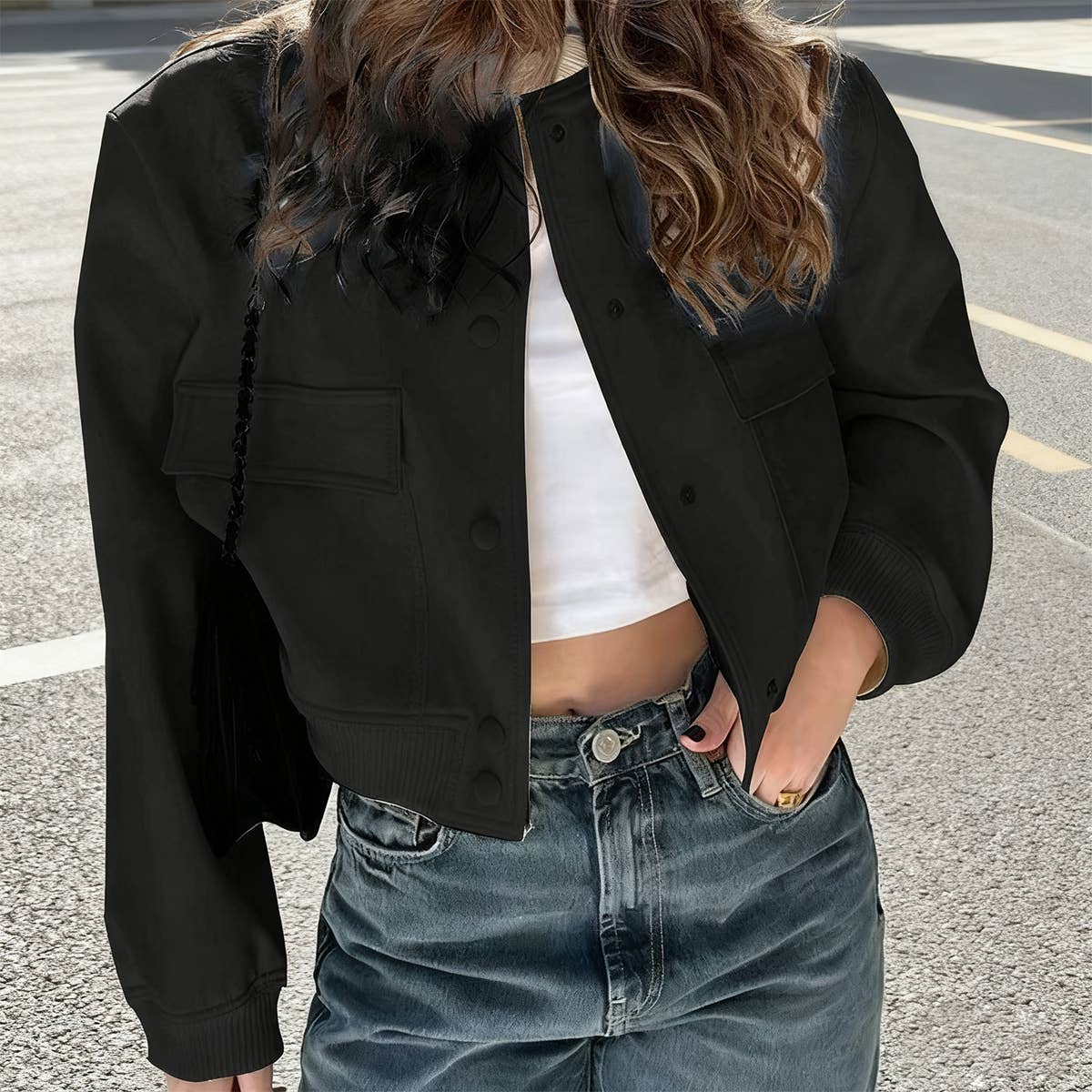 Round-neck single-breasted long-sleeved jacket