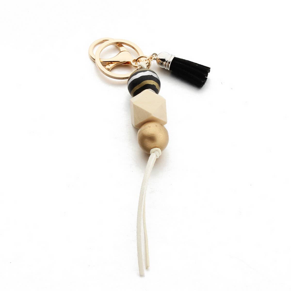 Leopard Wood Bead Keychain with Mini Tassel