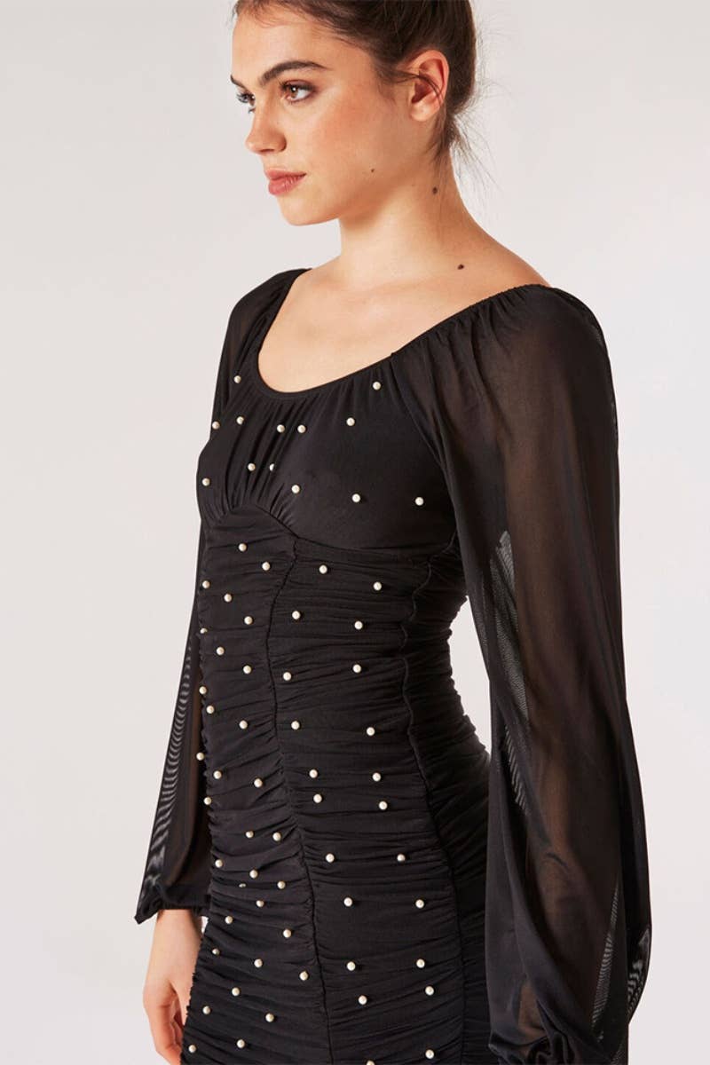 CWDSD4358_MESH LONG SLEEVE PLEATED BEADED DRESS SHORT