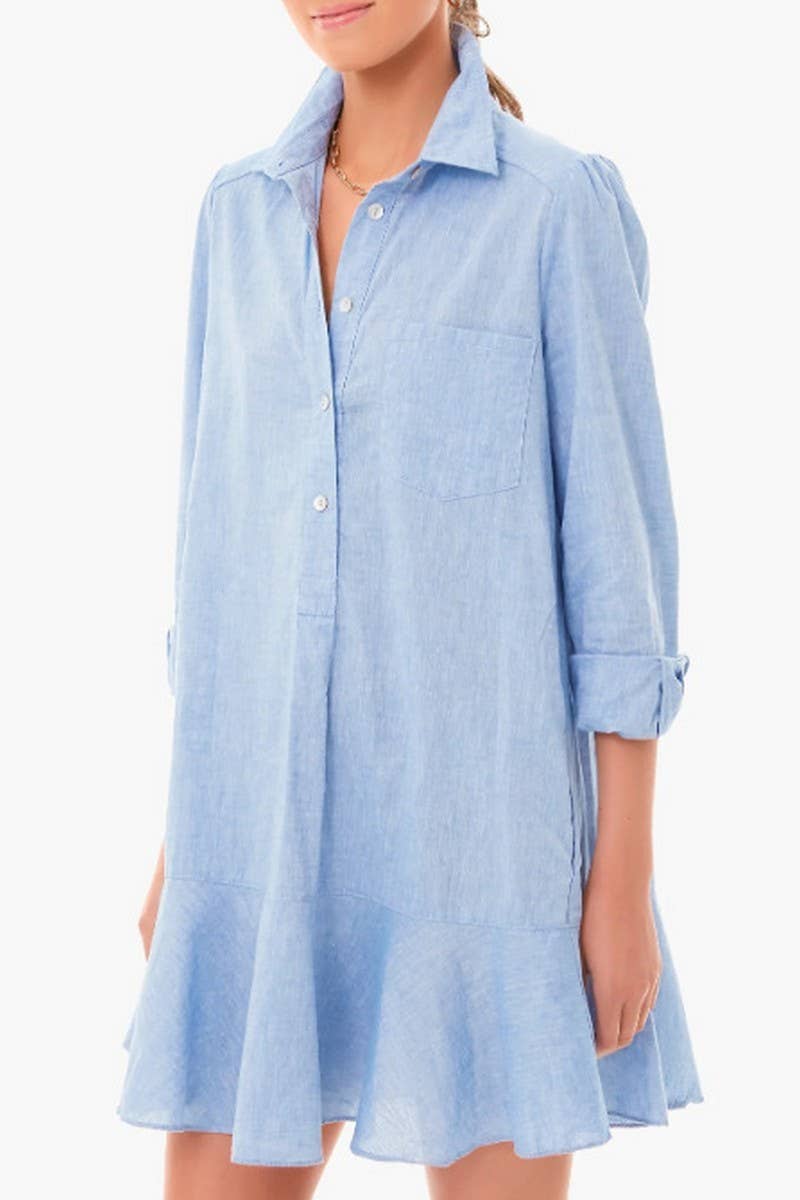 CWDSD8254_LONG SLEEVE SHIRT HEM RUFFLE DRESS