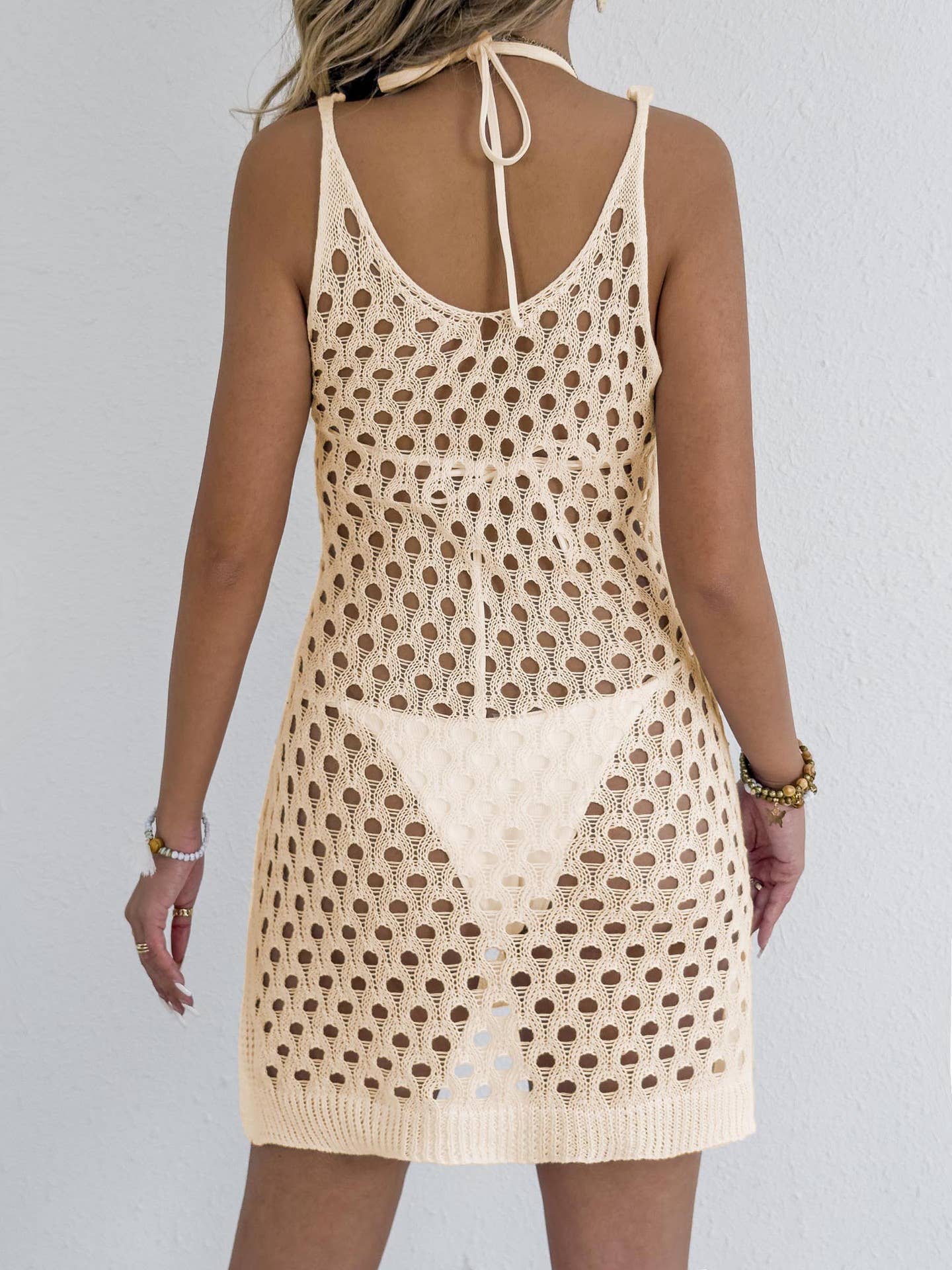 Hollowed-out woven beach bikini halter dress