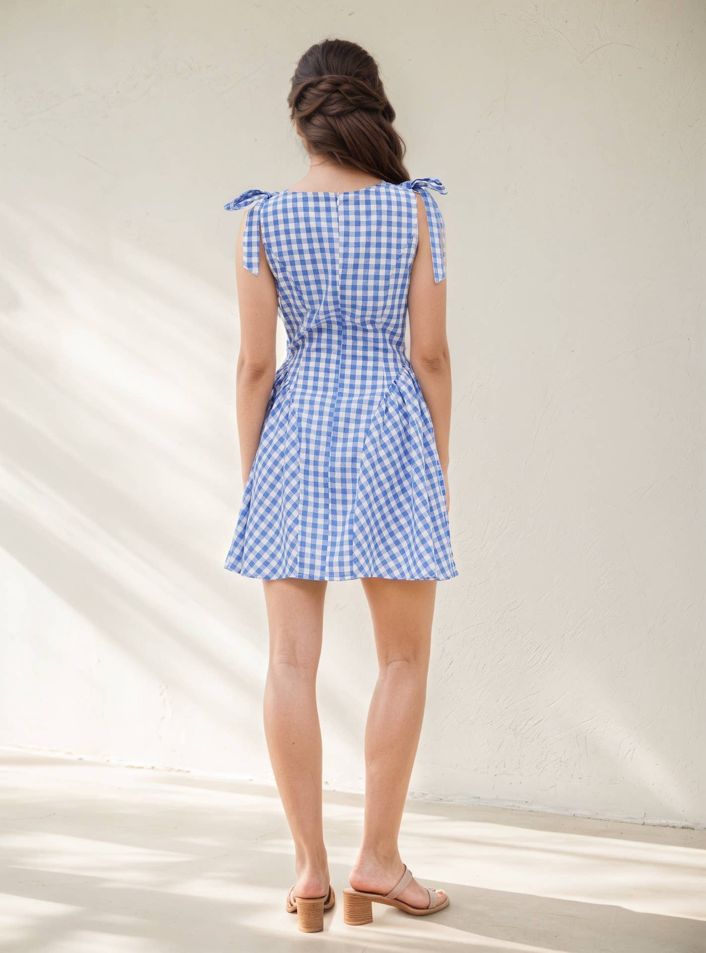 Fashion checkered strappy cinched-waist dress