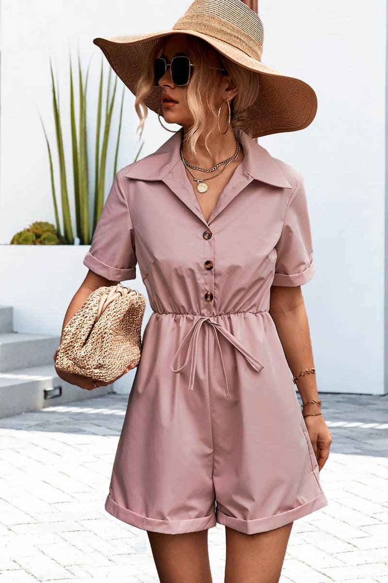 SHIRT COLLAR SHORT SLEEVE LACE UP SHORT JUMPSUIT_CWSJS0417