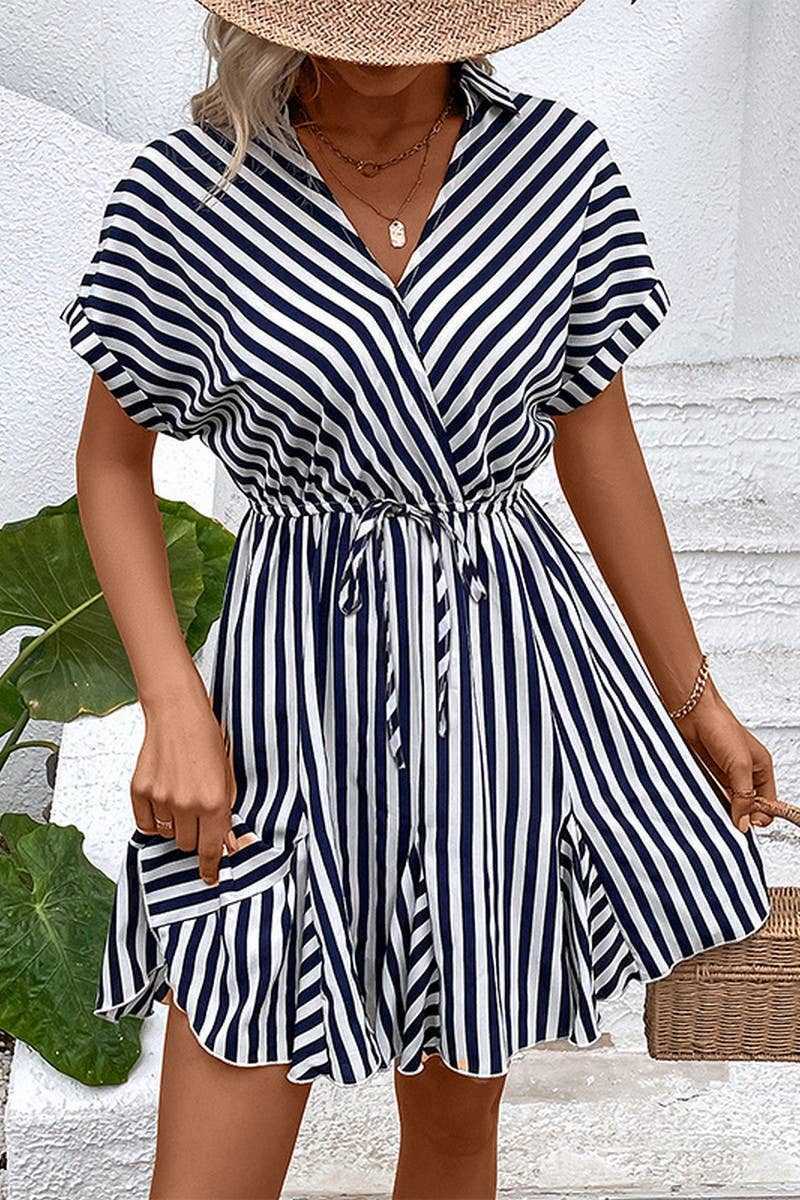 CWDSD8295_RUFFLED SKIRT DRAWSTRING STRIPED DRESS
