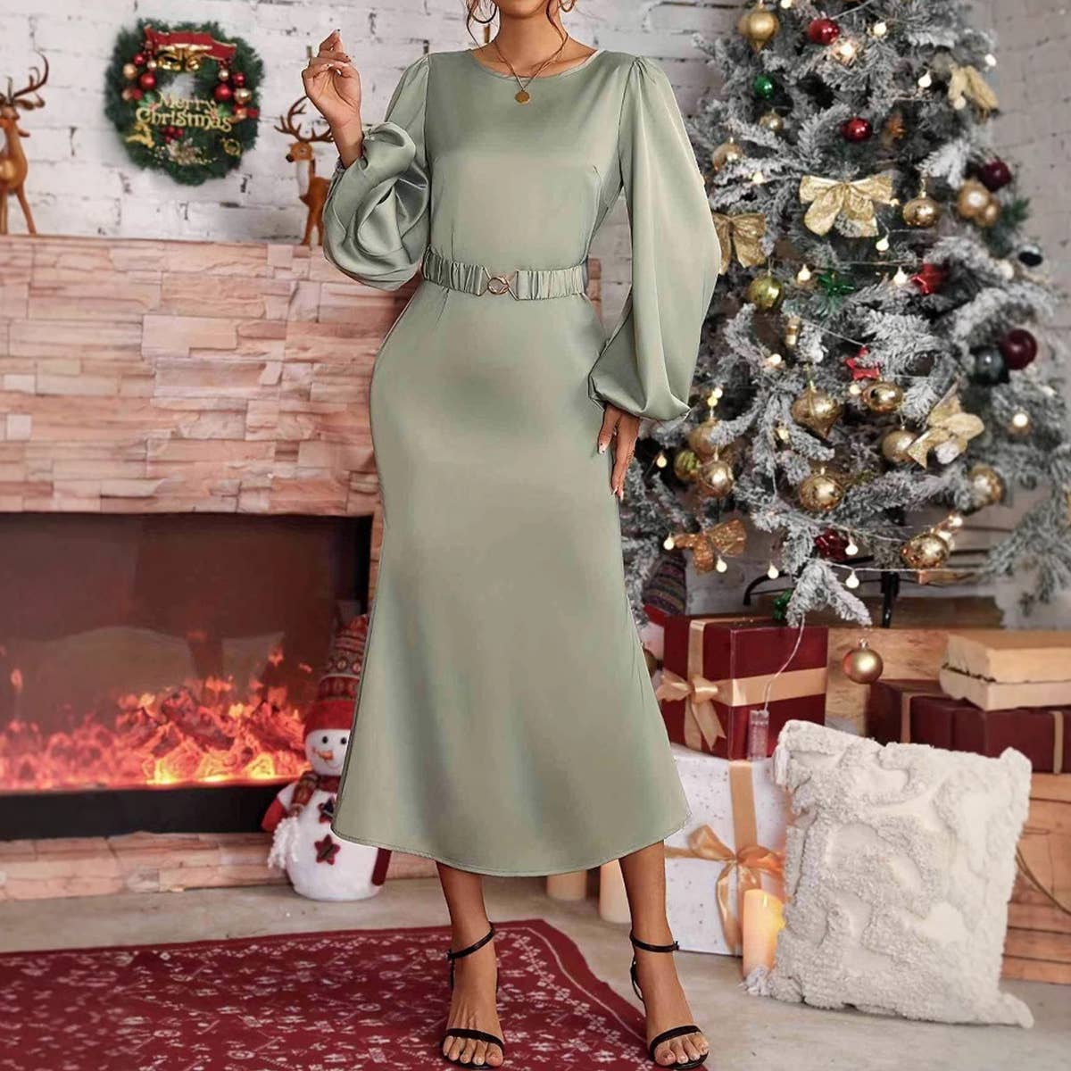 DRESS DRESS WITH BELT SATIN FRENCH DRESS