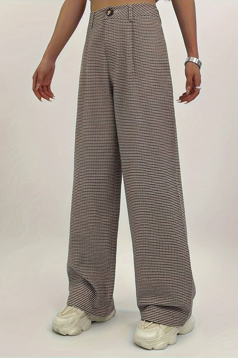 CWBLP1121_HIGH-RISE CHECKED WRINKLED STRAIGHT-LEG TROUSERS