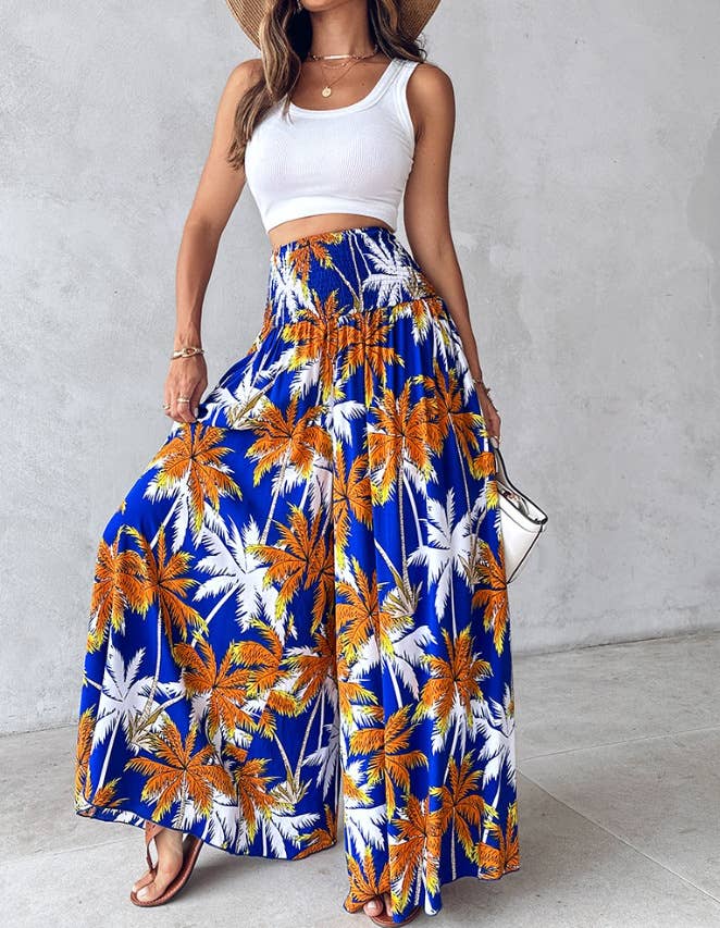 Tropical print retro floral print wide leg pants
