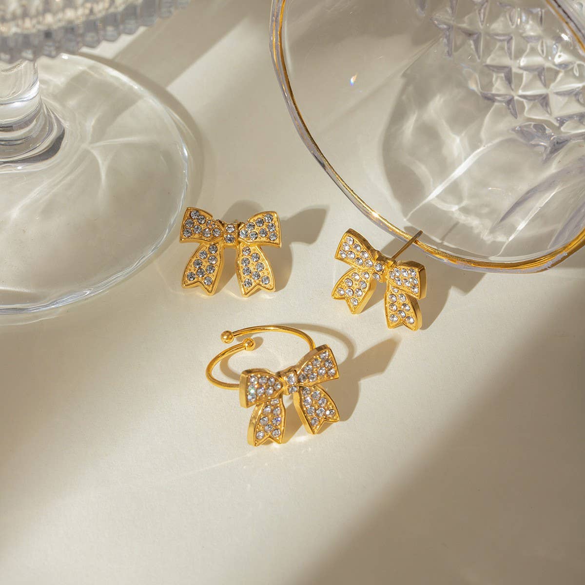 RETRO HIGH-END BOW EARRINGS AND RING SET_CWAJE1887