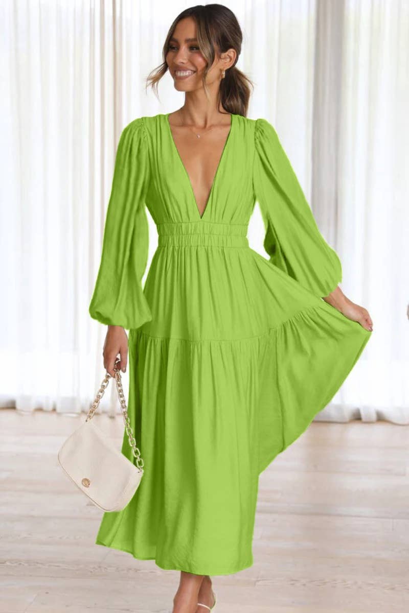 CWDMD4036_AUTUMN V-NECK LONG SLEEVE WAIST DRESS LONG STYLE