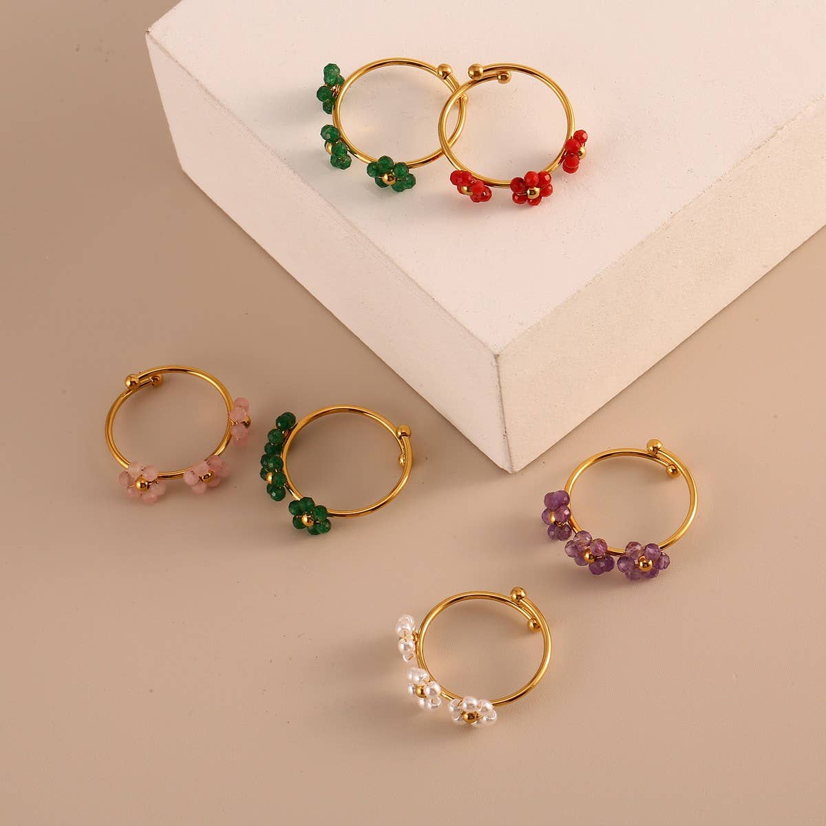 Triple Flower Open Ring in Natural Stone Steel