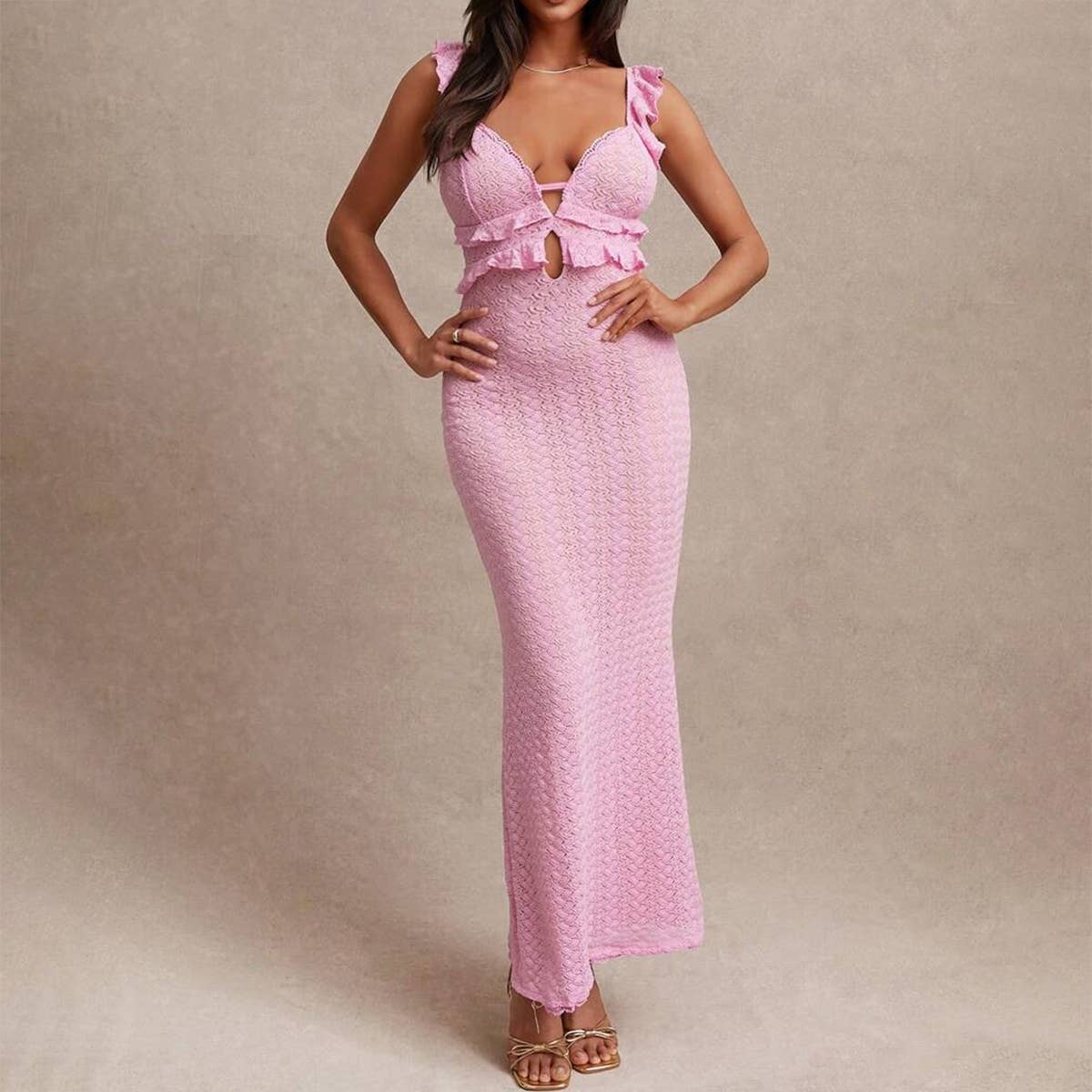 V-neck knitted black ear-trimmed backless dress