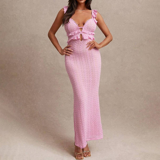 V-neck knitted black ear-trimmed backless dress