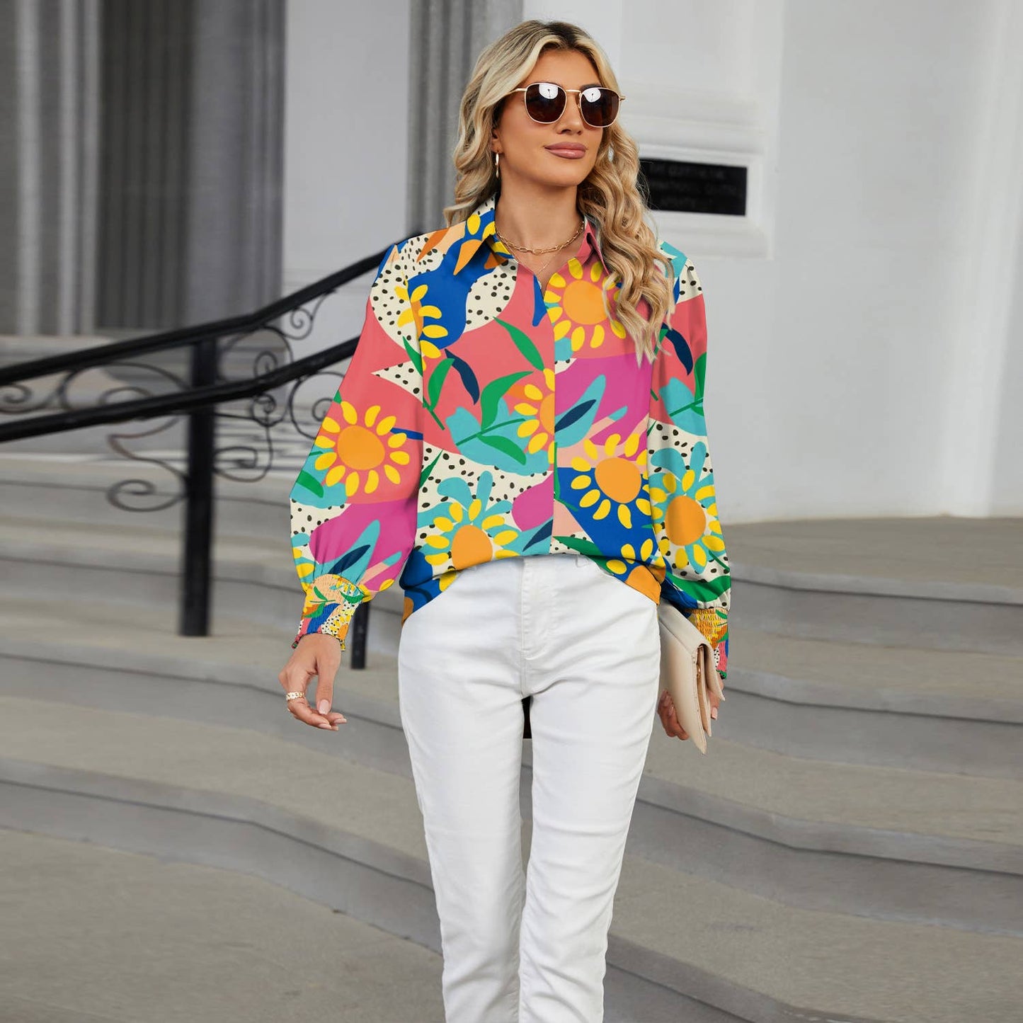 LAPEL FLORAL PRINT CASUAL LONG-SLEEVED SHIRT