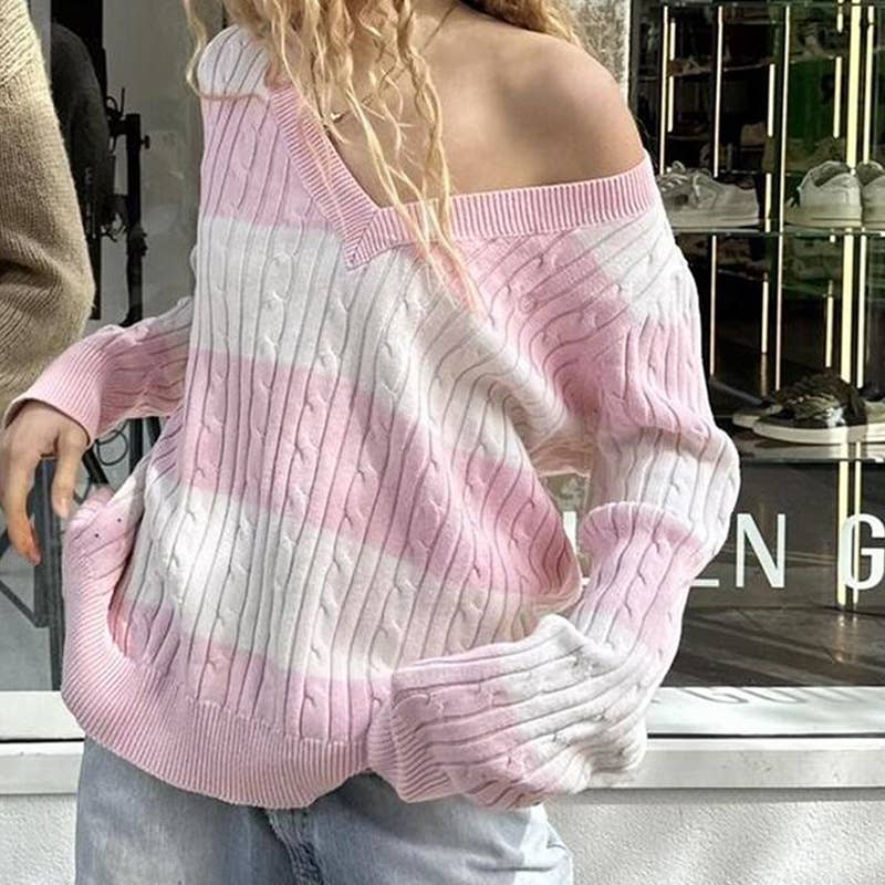V-NECK SLOUCHY TWIST FEATURE STRIPED SWEATER