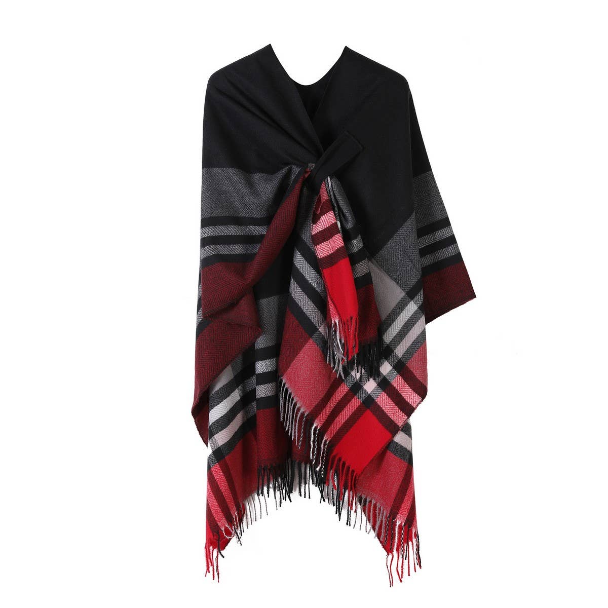 KNITTED FRINGED SHAWL DOUBLE-SIDED PLAID SCARF