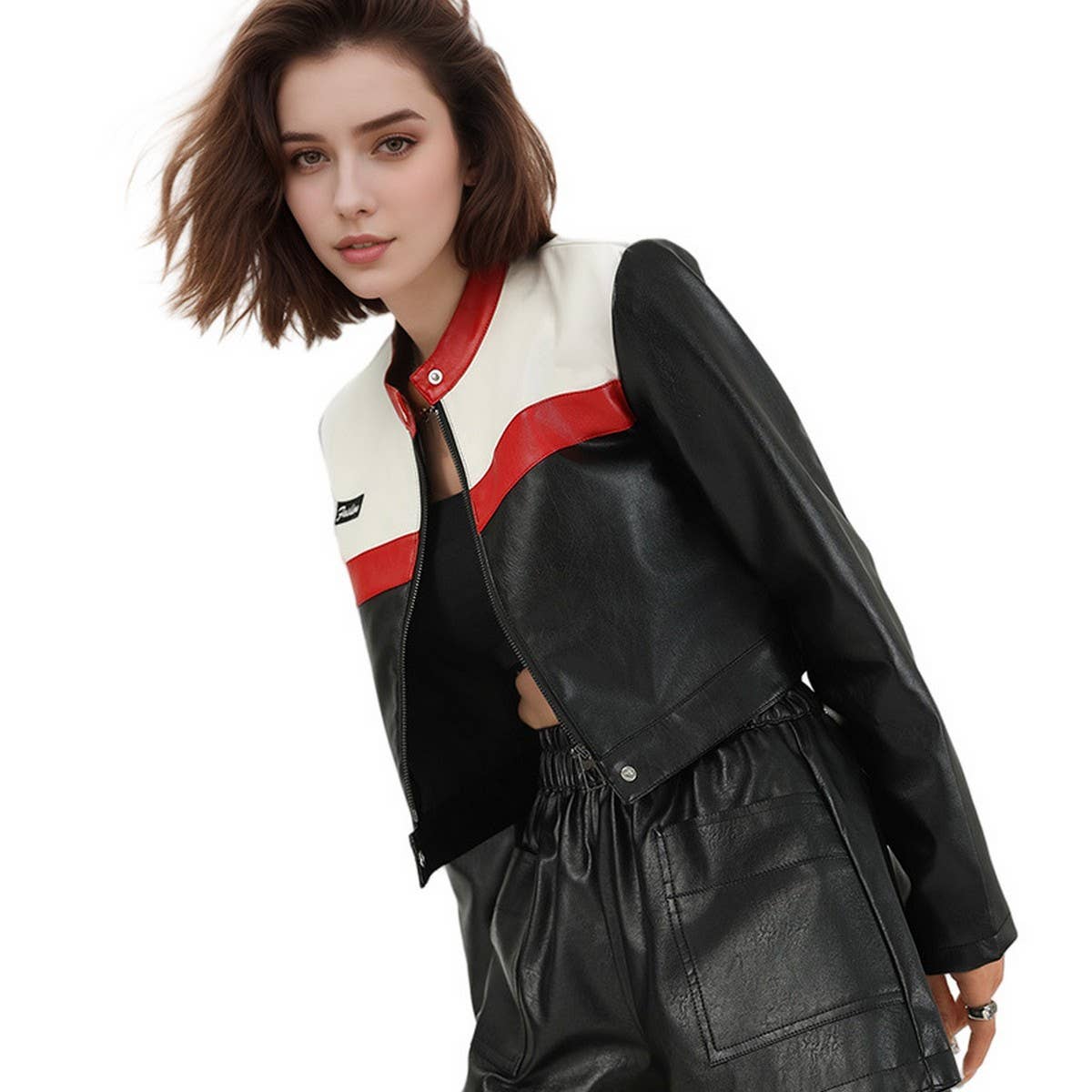 Colorblock Biker Bomber ? Cropped PU Jacket Women